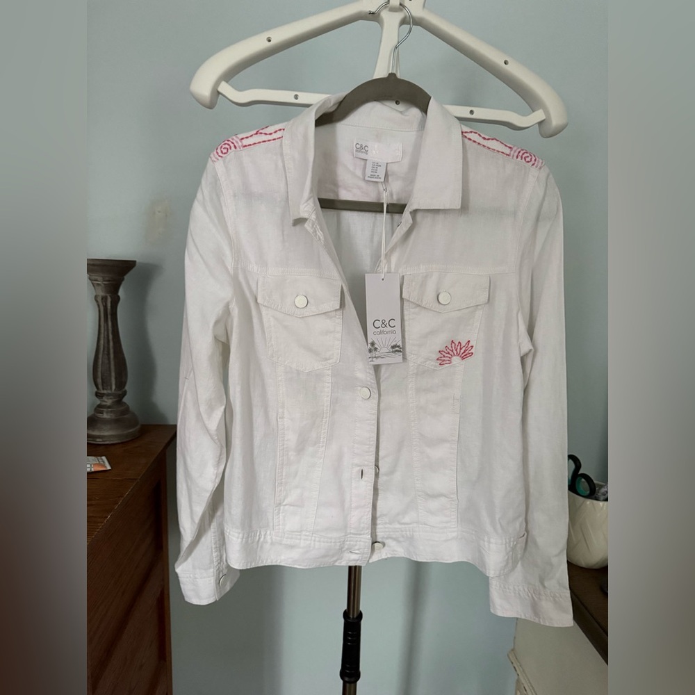 C&C California White Jean Jacket with Pink Embroidery